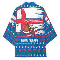 Faroe Islands Christmas Kimono with Santa Riding Whale Faroe Flag and Blue Nordic Winter Pattern Design - Wonder Print Shop