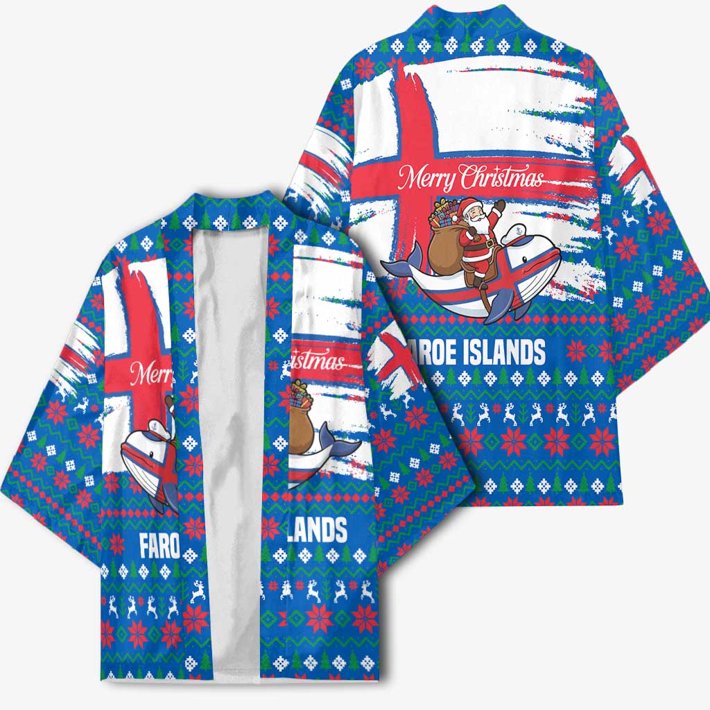 Faroe Islands Christmas Kimono with Santa Riding Whale Faroe Flag and Blue Nordic Winter Pattern Design - Wonder Print Shop