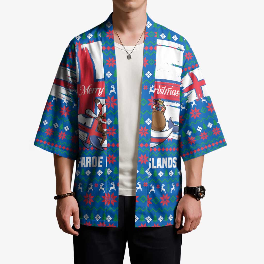 Faroe Islands Christmas Kimono with Santa Riding Whale Faroe Flag and Blue Nordic Winter Pattern Design - Wonder Print Shop