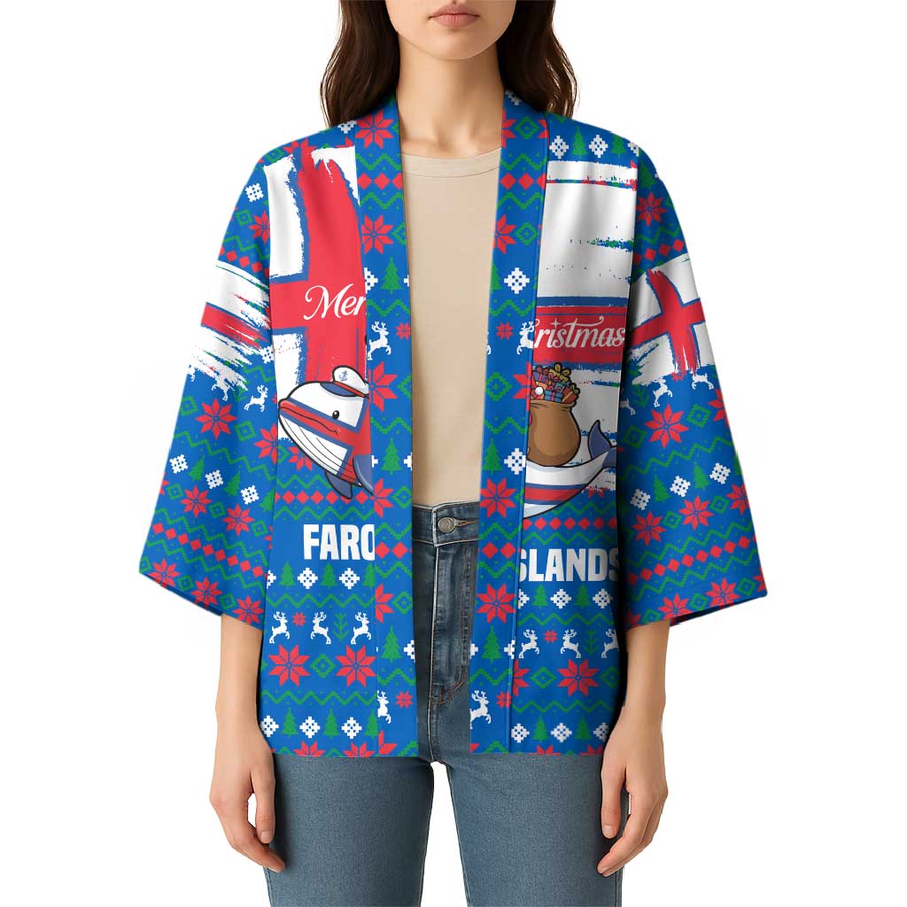 Faroe Islands Christmas Kimono with Santa Riding Whale Faroe Flag and Blue Nordic Winter Pattern Design - Wonder Print Shop