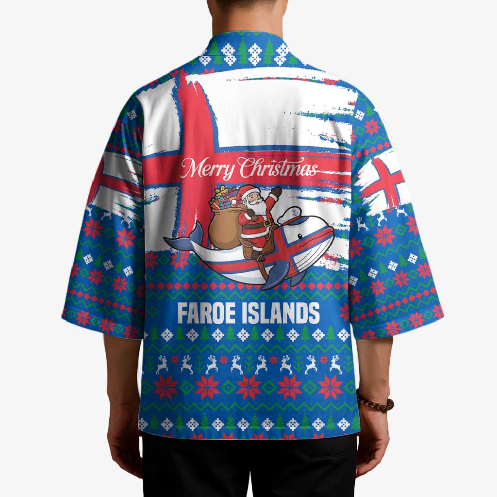 Faroe Islands Christmas Kimono with Santa Riding Whale Faroe Flag and Blue Nordic Winter Pattern Design - Wonder Print Shop