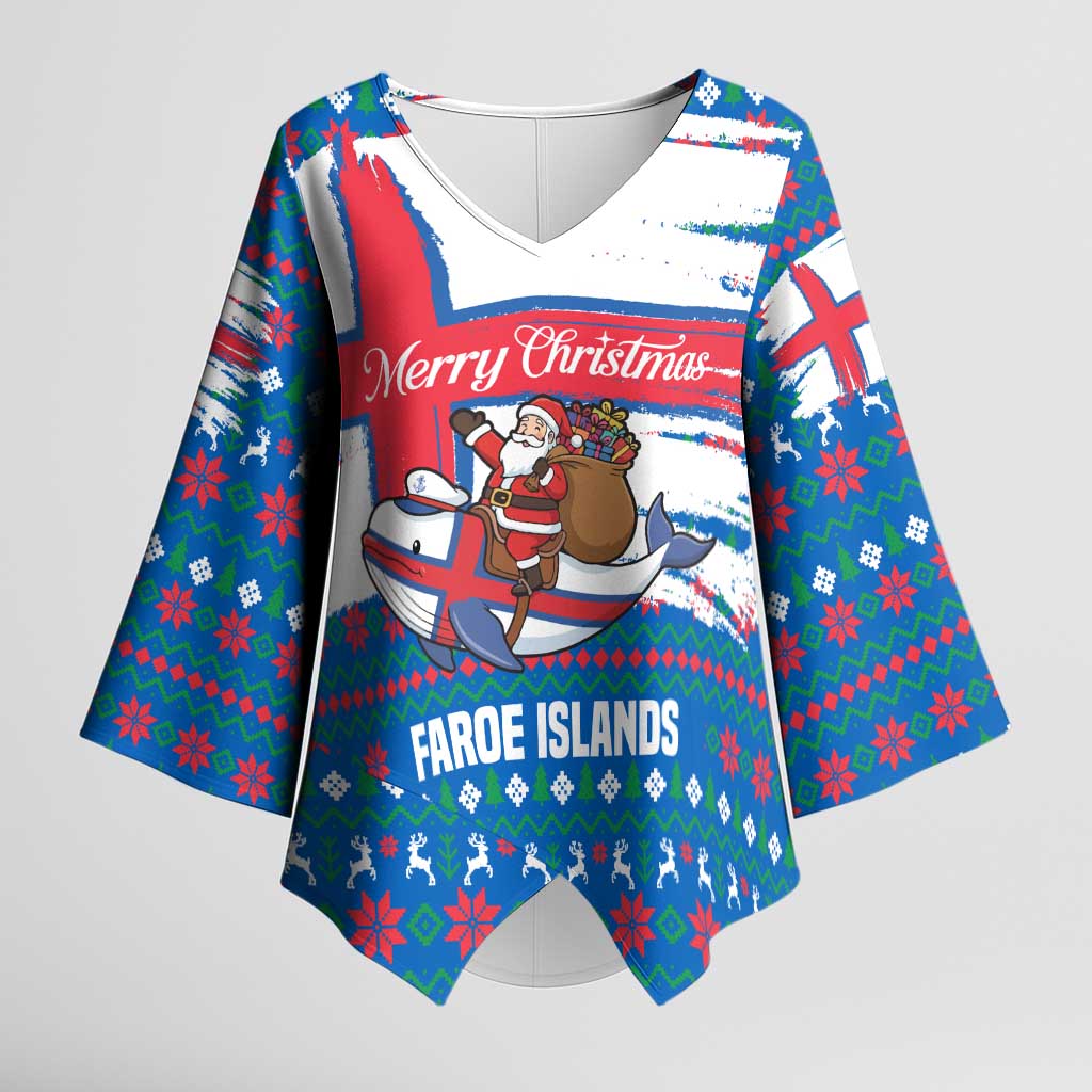 Faroe Islands Christmas Kimono Sleeve Blouse with Santa Riding Whale Faroe Flag and Blue Nordic Winter Pattern Design - Wonder Print Shop