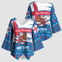 Faroe Islands Christmas Kimono Sleeve Blouse with Santa Riding Whale Faroe Flag and Blue Nordic Winter Pattern Design - Wonder Print Shop