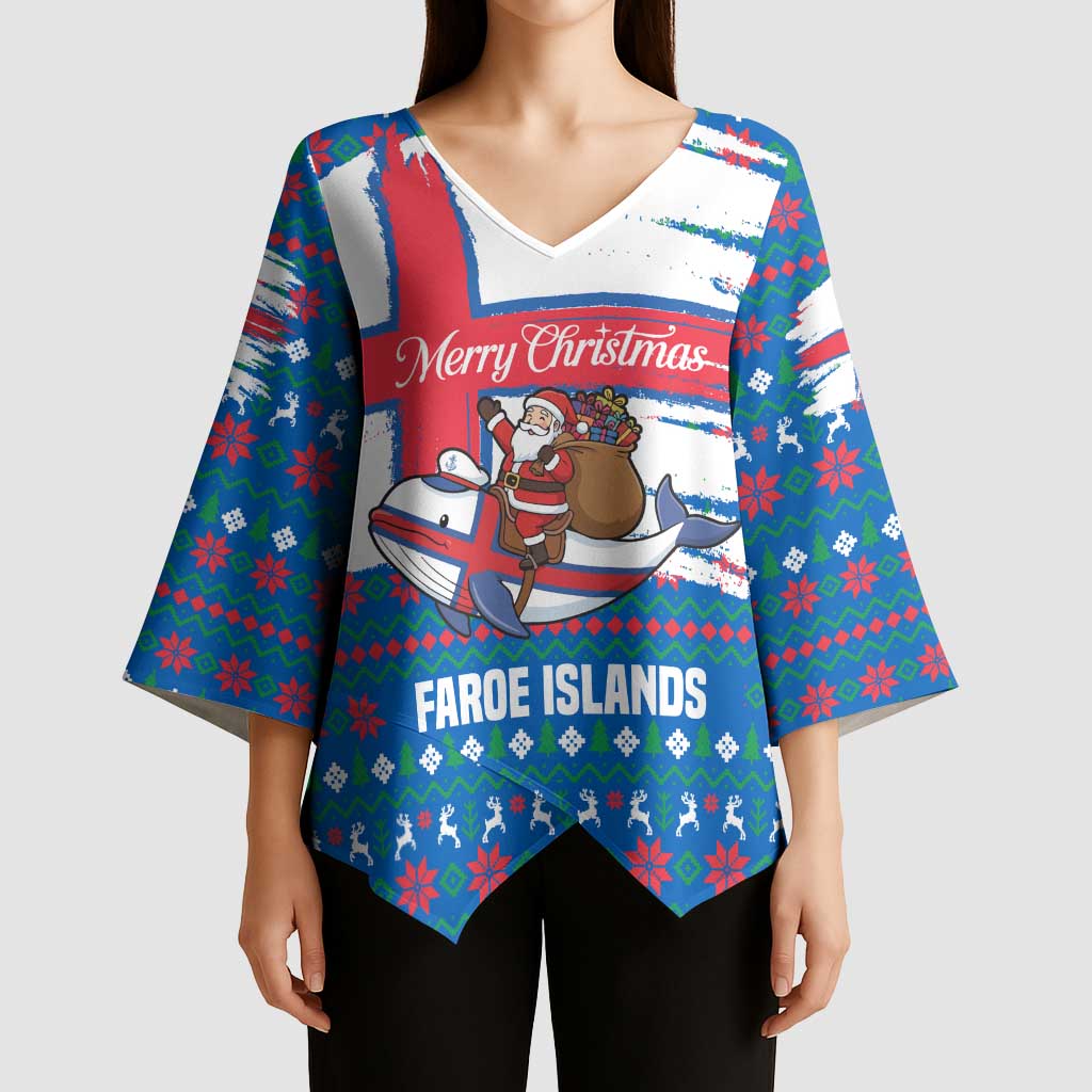 Faroe Islands Christmas Kimono Sleeve Blouse with Santa Riding Whale Faroe Flag and Blue Nordic Winter Pattern Design - Wonder Print Shop
