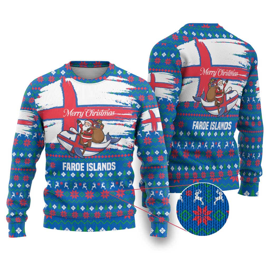 Faroe Islands Christmas Ugly Christmas Sweater with Santa Riding Whale Faroe Flag and Blue Nordic Winter Pattern Design - Wonder Print Shop