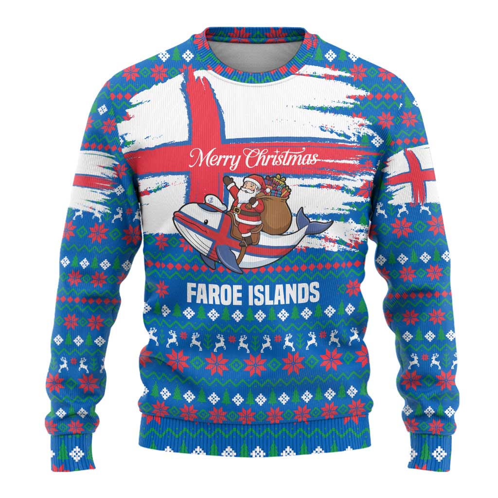 Faroe Islands Christmas Ugly Christmas Sweater with Santa Riding Whale Faroe Flag and Blue Nordic Winter Pattern Design - Wonder Print Shop