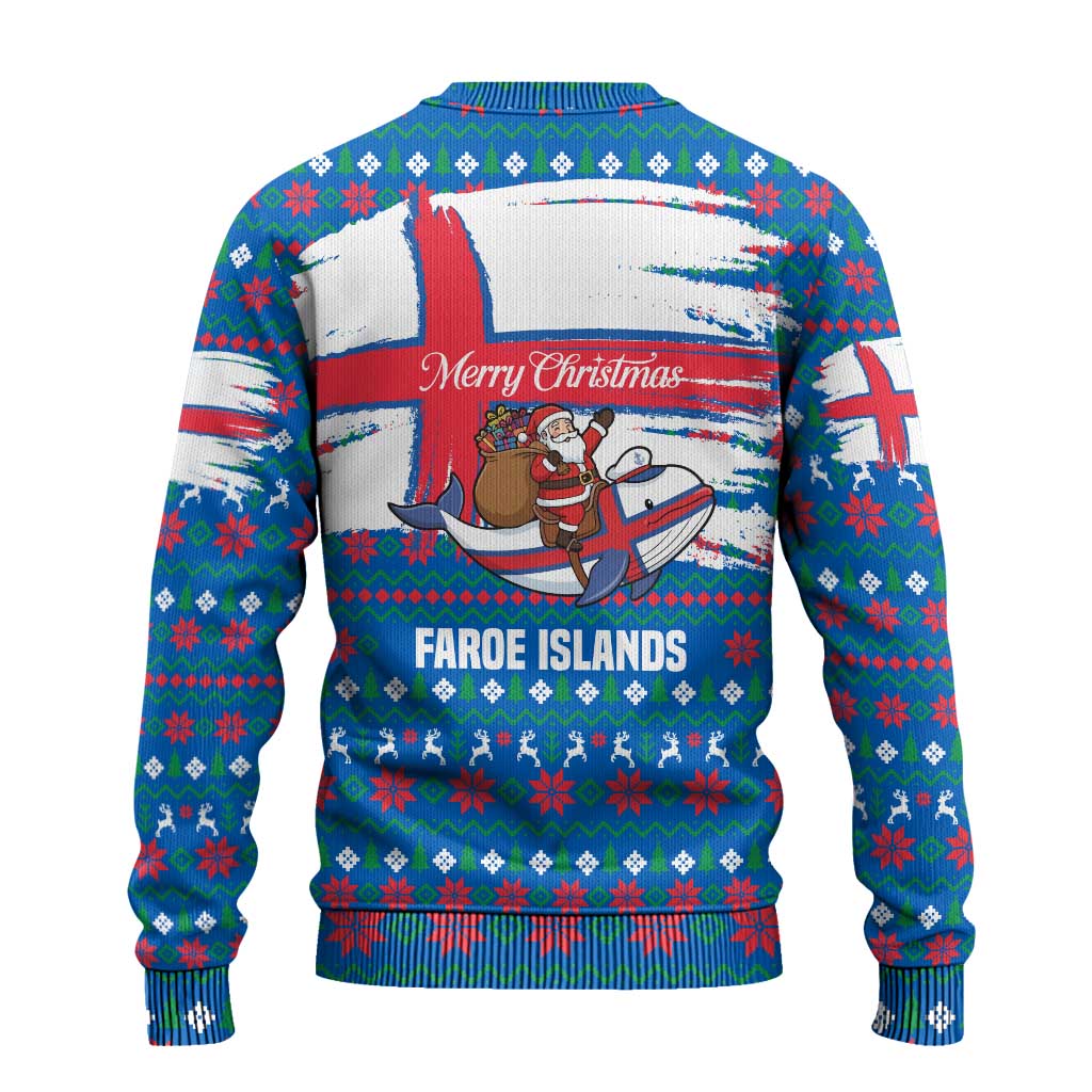 Faroe Islands Christmas Ugly Christmas Sweater with Santa Riding Whale Faroe Flag and Blue Nordic Winter Pattern Design - Wonder Print Shop
