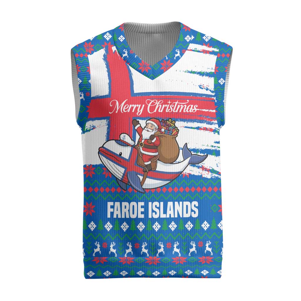 Faroe Islands Christmas Knitted V-Neck Vest with Santa Riding Whale Faroe Flag and Blue Nordic Winter Pattern Design - Wonder Print Shop