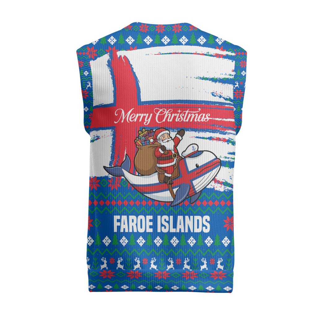 Faroe Islands Christmas Knitted V-Neck Vest with Santa Riding Whale Faroe Flag and Blue Nordic Winter Pattern Design - Wonder Print Shop