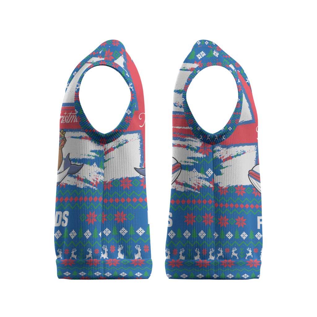 Faroe Islands Christmas Knitted V-Neck Vest with Santa Riding Whale Faroe Flag and Blue Nordic Winter Pattern Design - Wonder Print Shop
