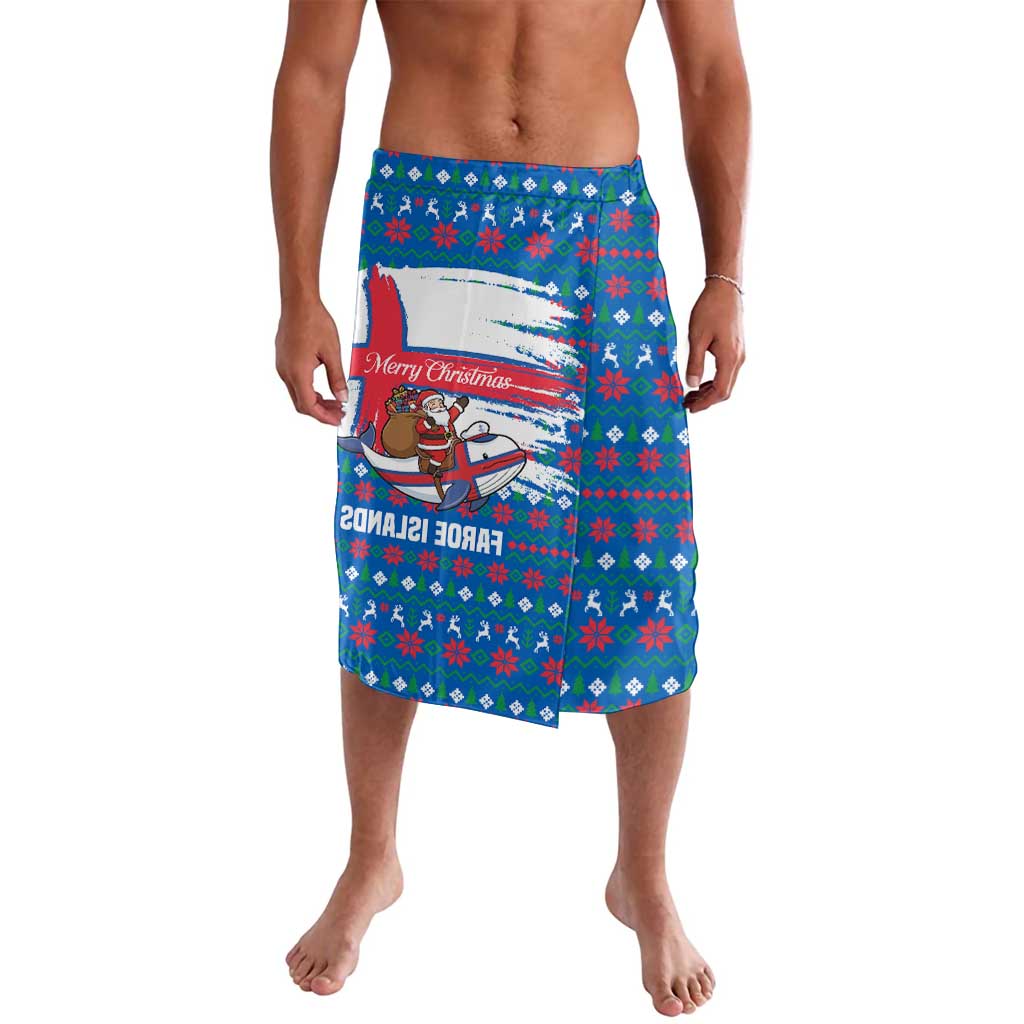 Faroe Islands Christmas Lavalava with Santa Riding Whale Faroe Flag and Blue Nordic Winter Pattern Design - Wonder Print Shop