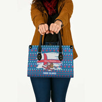 Faroe Islands Christmas Leather Bag with Santa Riding Whale Faroe Flag and Blue Nordic Winter Pattern Design - Wonder Print Shop