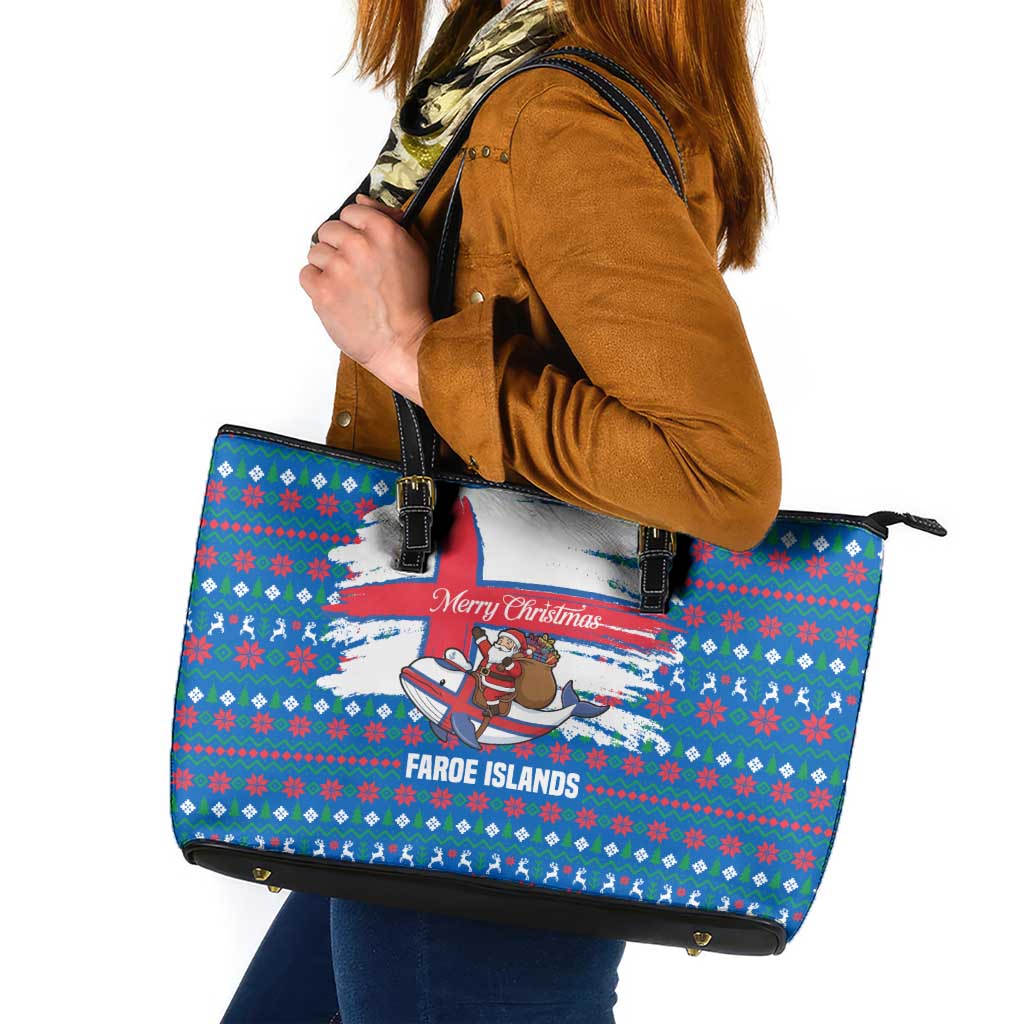 Faroe Islands Christmas Leather Tote Bag with Santa Riding Whale Faroe Flag and Blue Nordic Winter Pattern Design - Wonder Print Shop