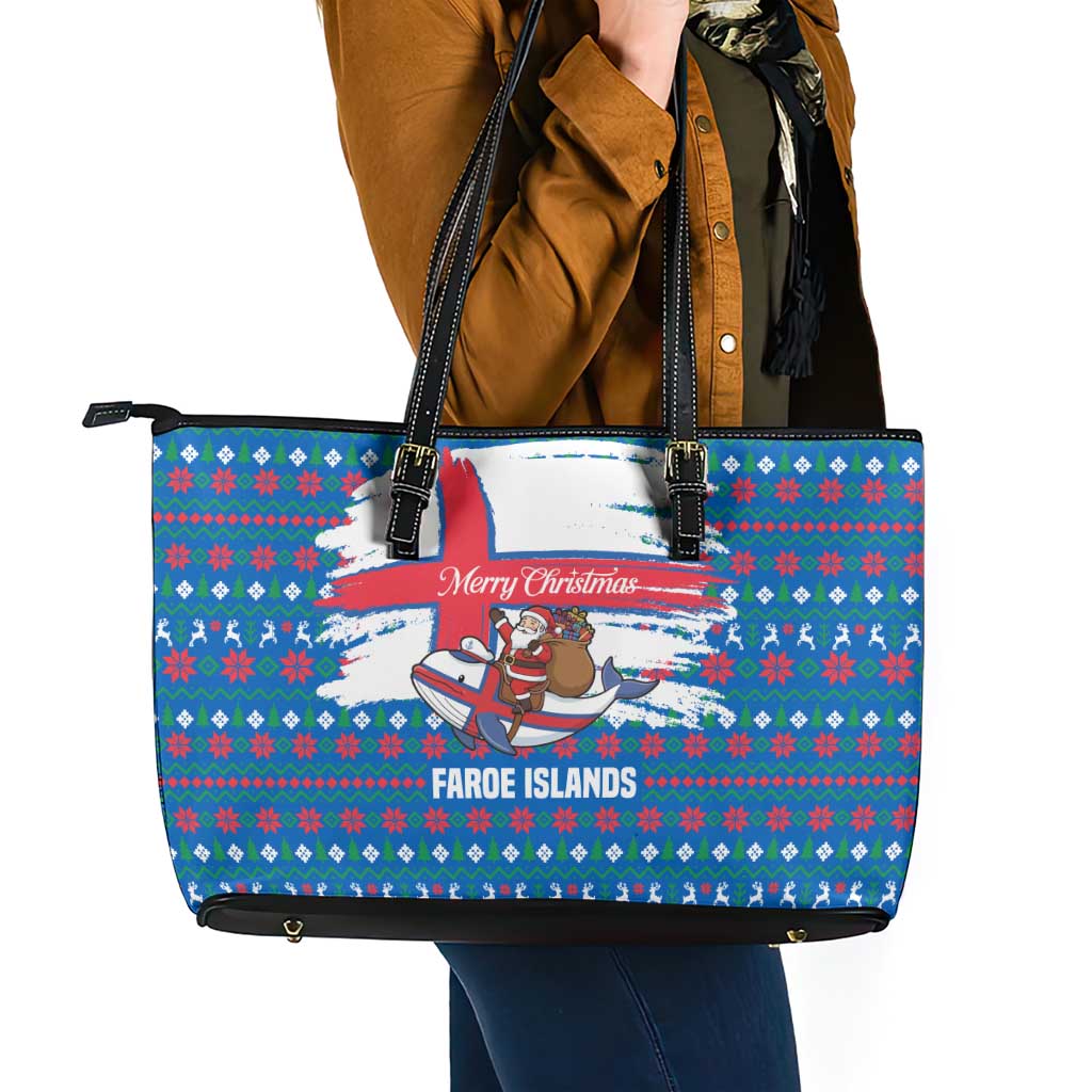 Faroe Islands Christmas Leather Tote Bag with Santa Riding Whale Faroe Flag and Blue Nordic Winter Pattern Design - Wonder Print Shop