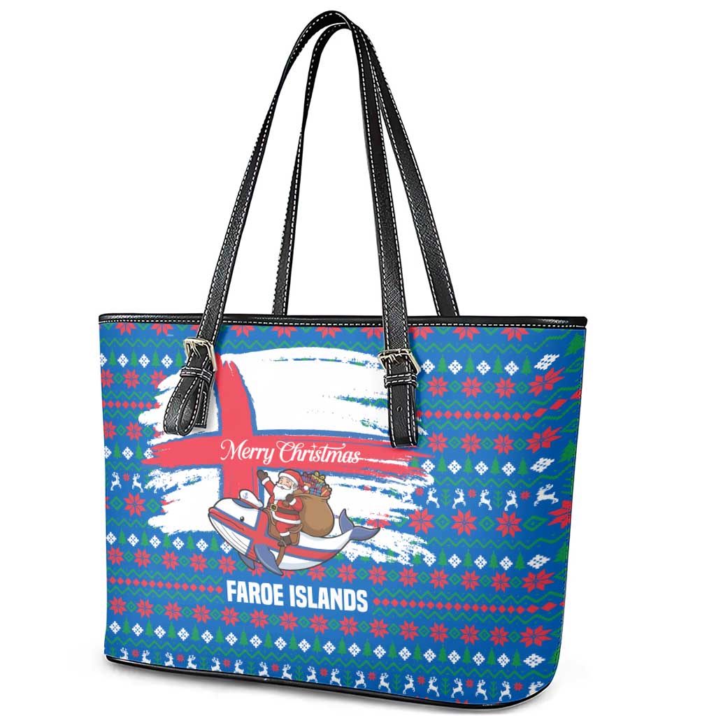 Faroe Islands Christmas Leather Tote Bag with Santa Riding Whale Faroe Flag and Blue Nordic Winter Pattern Design - Wonder Print Shop