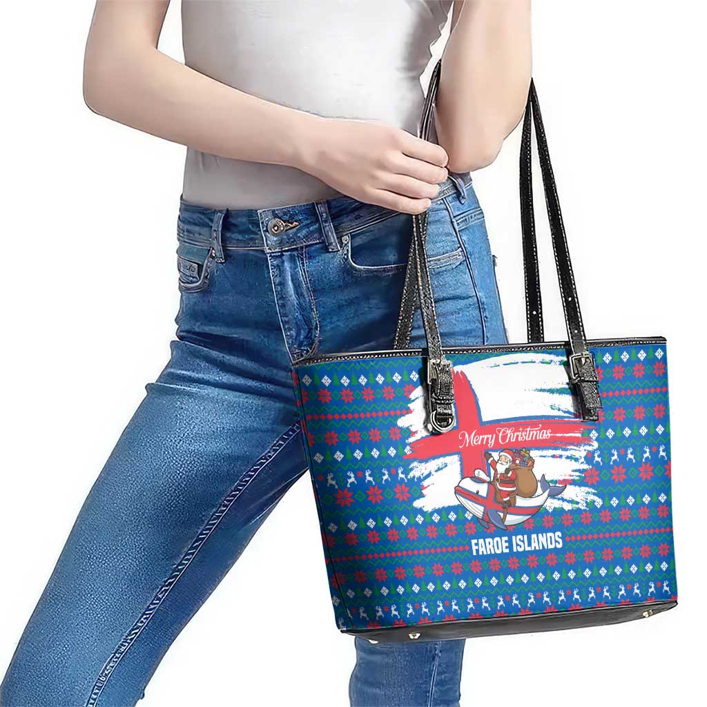 Faroe Islands Christmas Leather Tote Bag with Santa Riding Whale Faroe Flag and Blue Nordic Winter Pattern Design - Wonder Print Shop