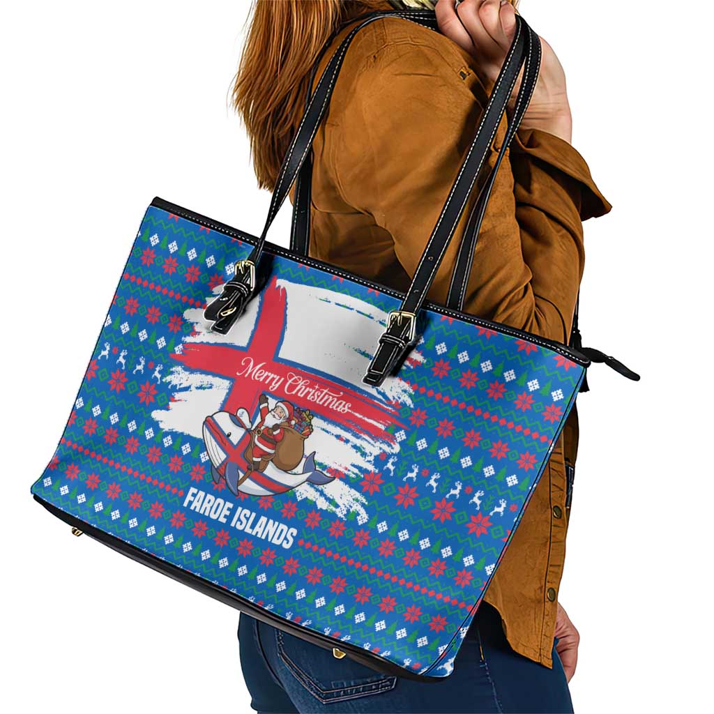 Faroe Islands Christmas Leather Tote Bag with Santa Riding Whale Faroe Flag and Blue Nordic Winter Pattern Design - Wonder Print Shop