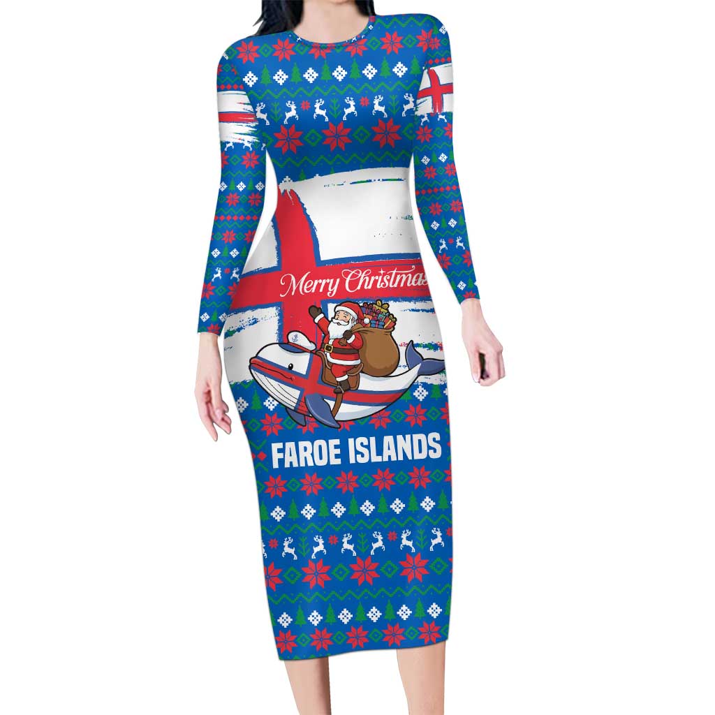 Faroe Islands Christmas Long Sleeve Bodycon Dress with Santa Riding Whale Faroe Flag and Blue Nordic Winter Pattern Design - Wonder Print Shop