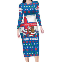 Faroe Islands Christmas Long Sleeve Bodycon Dress with Santa Riding Whale Faroe Flag and Blue Nordic Winter Pattern Design - Wonder Print Shop