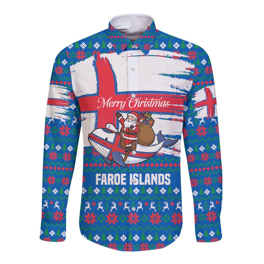 Faroe Islands Christmas Long Sleeve Button Shirt with Santa Riding Whale Faroe Flag and Blue Nordic Winter Pattern Design - Wonder Print Shop