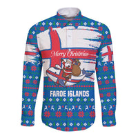 Faroe Islands Christmas Long Sleeve Button Shirt with Santa Riding Whale Faroe Flag and Blue Nordic Winter Pattern Design - Wonder Print Shop