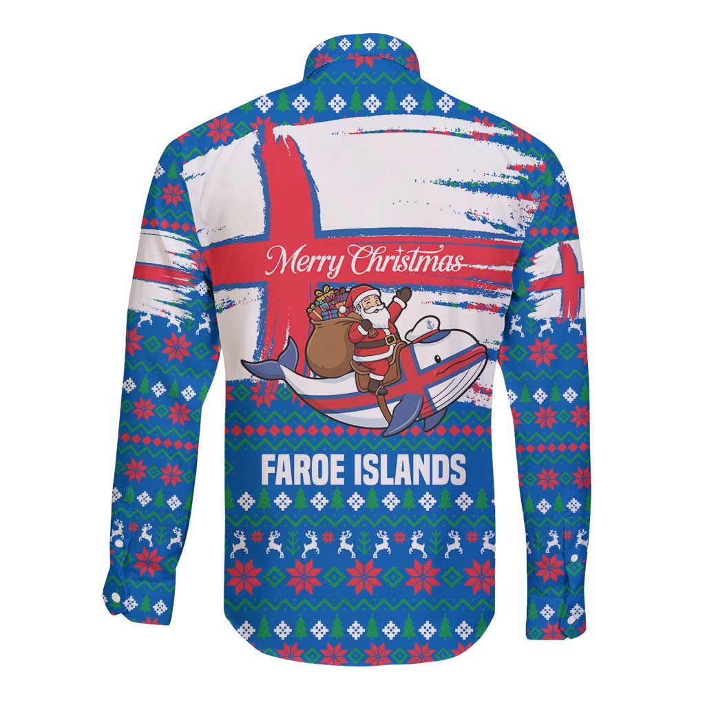 Faroe Islands Christmas Long Sleeve Button Shirt with Santa Riding Whale Faroe Flag and Blue Nordic Winter Pattern Design - Wonder Print Shop