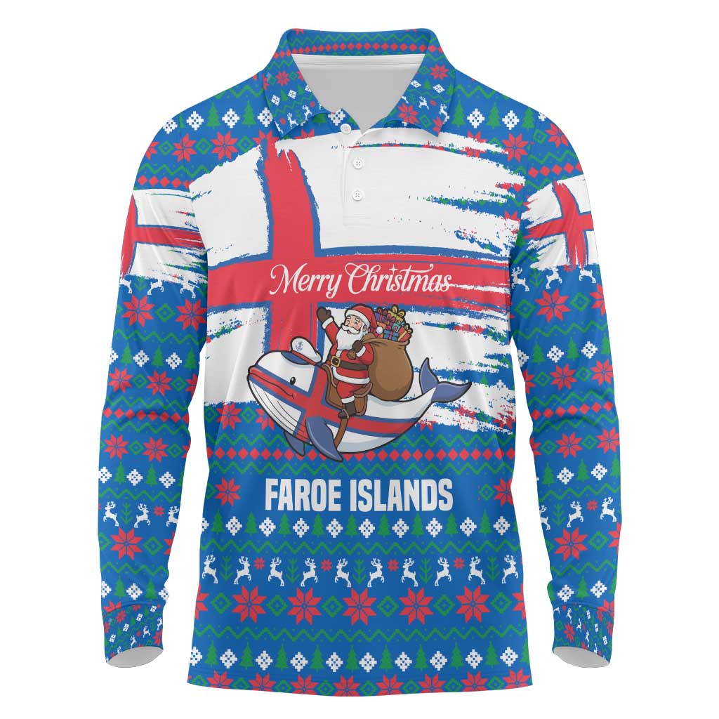 Faroe Islands Christmas Long Sleeve Polo Shirt with Santa Riding Whale Faroe Flag and Blue Nordic Winter Pattern Design - Wonder Print Shop