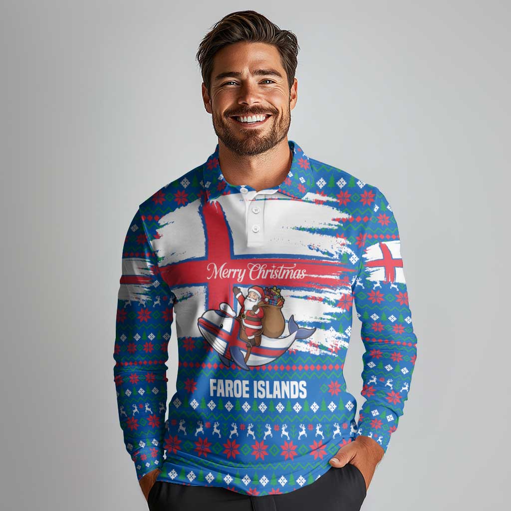 Faroe Islands Christmas Long Sleeve Polo Shirt with Santa Riding Whale Faroe Flag and Blue Nordic Winter Pattern Design - Wonder Print Shop