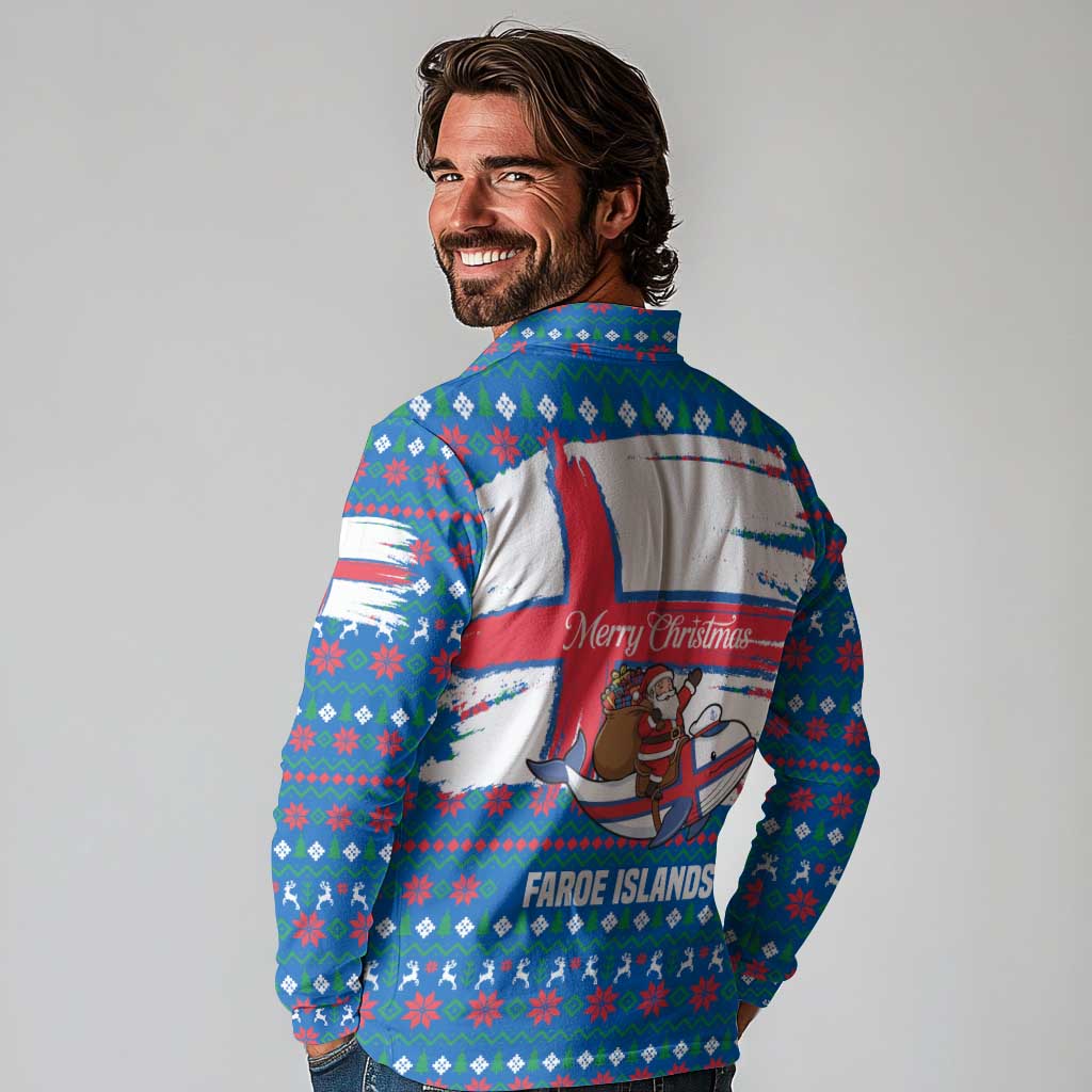 Faroe Islands Christmas Long Sleeve Polo Shirt with Santa Riding Whale Faroe Flag and Blue Nordic Winter Pattern Design - Wonder Print Shop