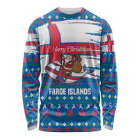 Faroe Islands Christmas Long Sleeve Shirt with Santa Riding Whale Faroe Flag and Blue Nordic Winter Pattern Design - Wonder Print Shop