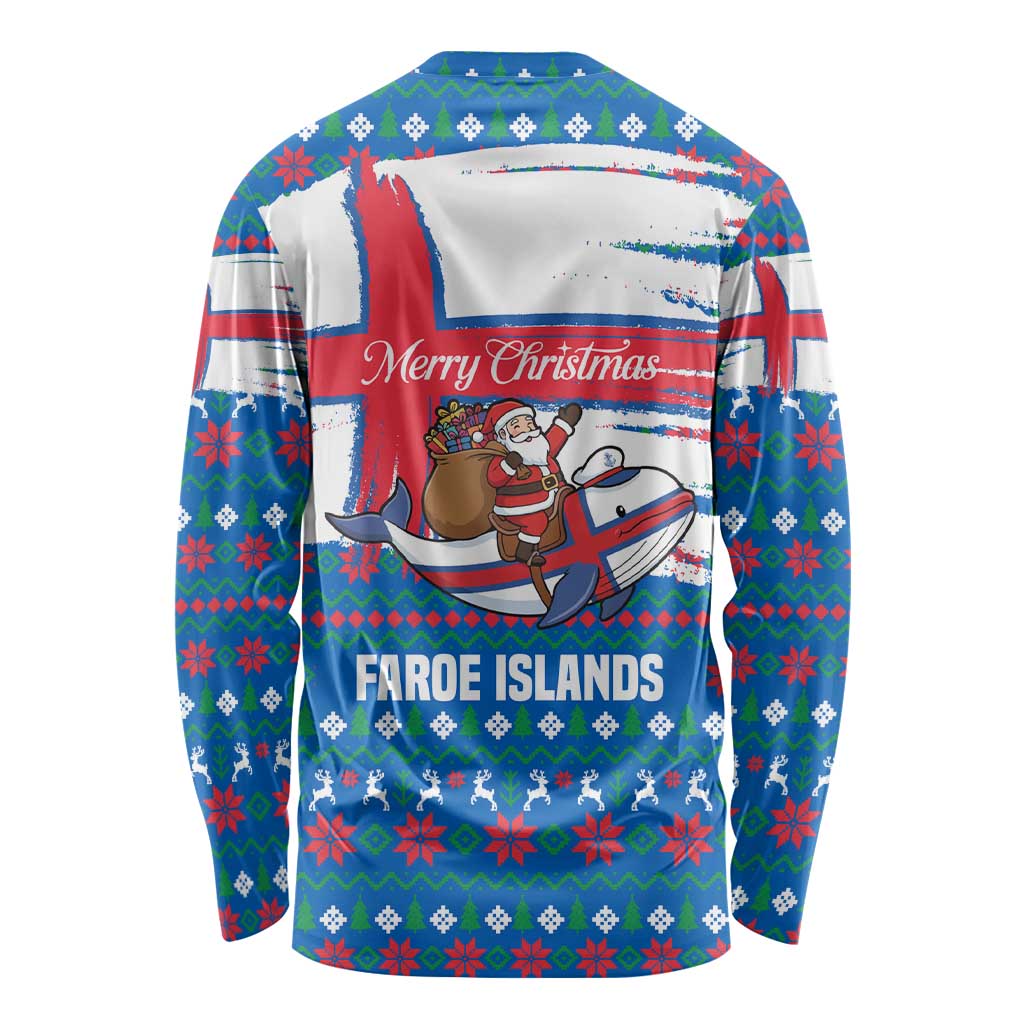 Faroe Islands Christmas Long Sleeve Shirt with Santa Riding Whale Faroe Flag and Blue Nordic Winter Pattern Design - Wonder Print Shop