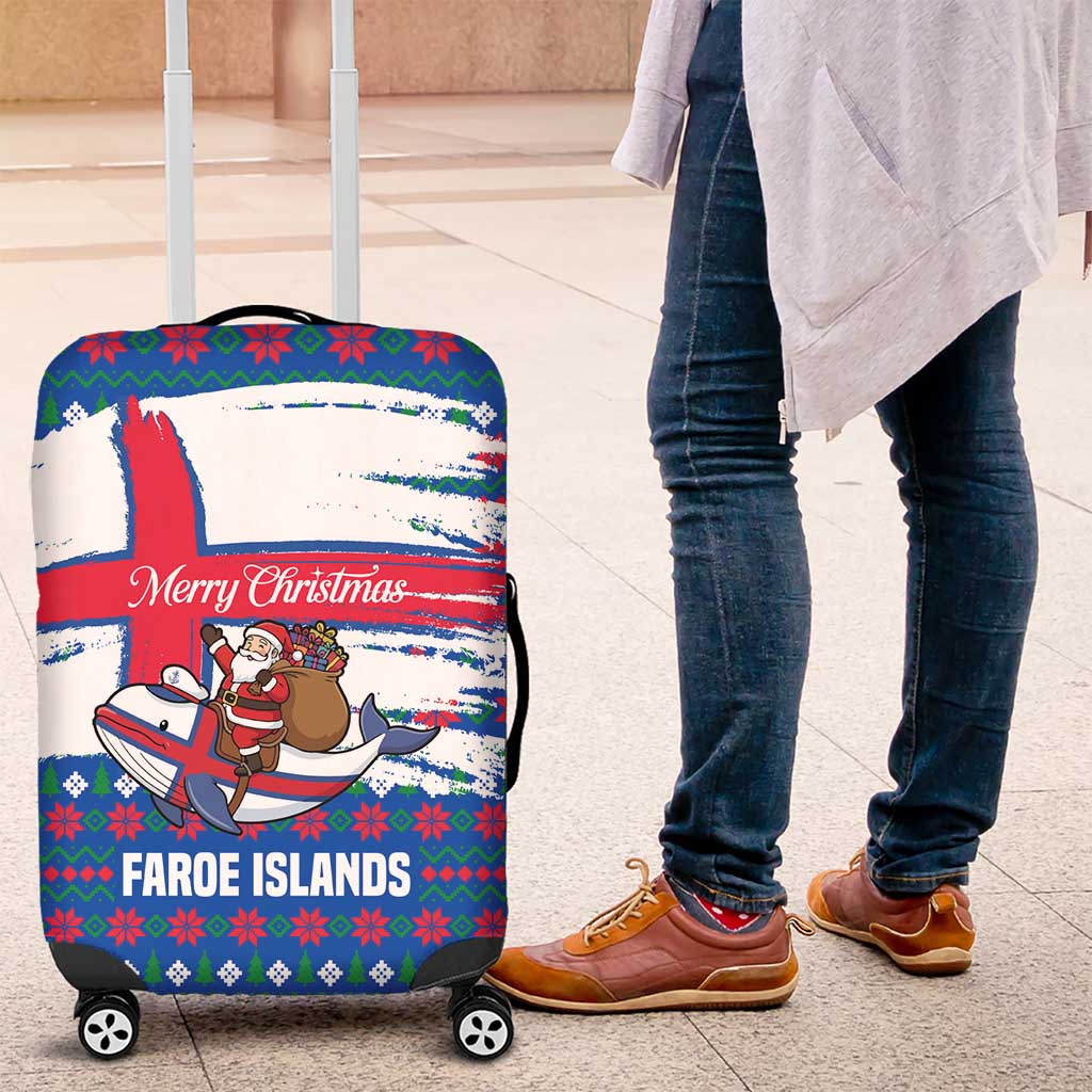 Faroe Islands Christmas Luggage Cover with Santa Riding Whale Faroe Flag and Blue Nordic Winter Pattern Design - Wonder Print Shop