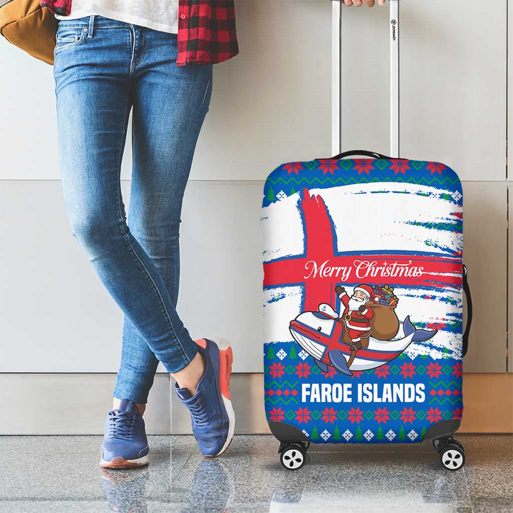 Faroe Islands Christmas Luggage Cover with Santa Riding Whale Faroe Flag and Blue Nordic Winter Pattern Design - Wonder Print Shop