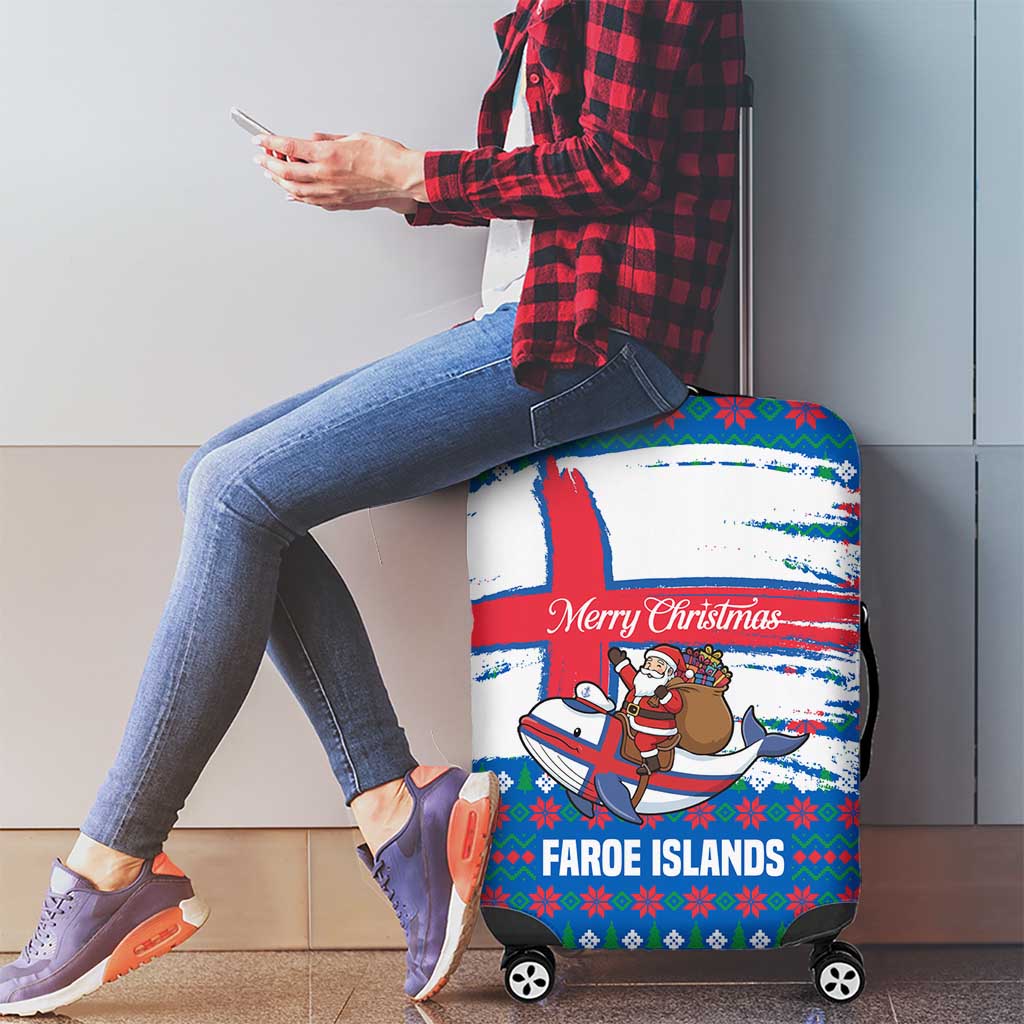 Faroe Islands Christmas Luggage Cover with Santa Riding Whale Faroe Flag and Blue Nordic Winter Pattern Design - Wonder Print Shop