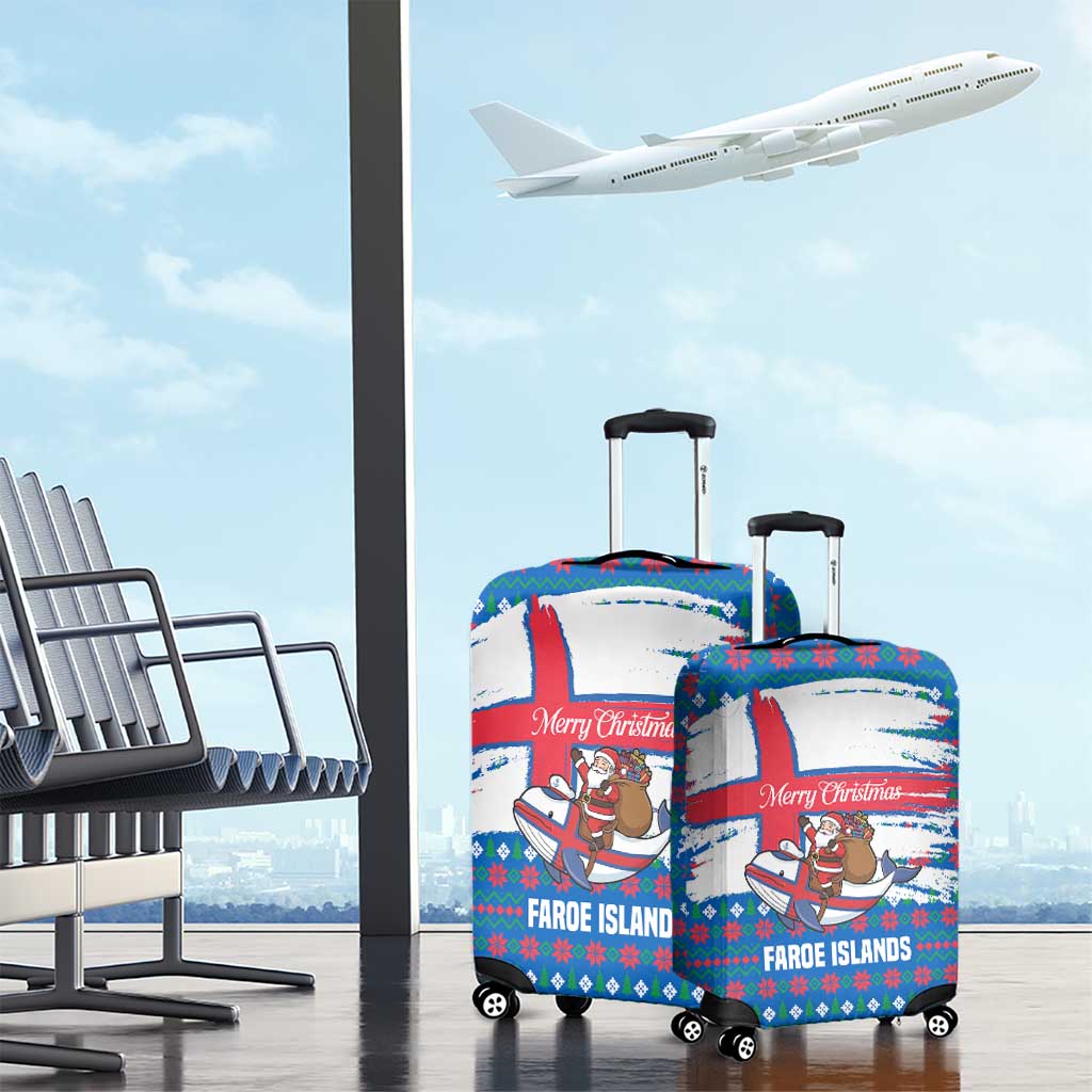 Faroe Islands Christmas Luggage Cover with Santa Riding Whale Faroe Flag and Blue Nordic Winter Pattern Design - Wonder Print Shop
