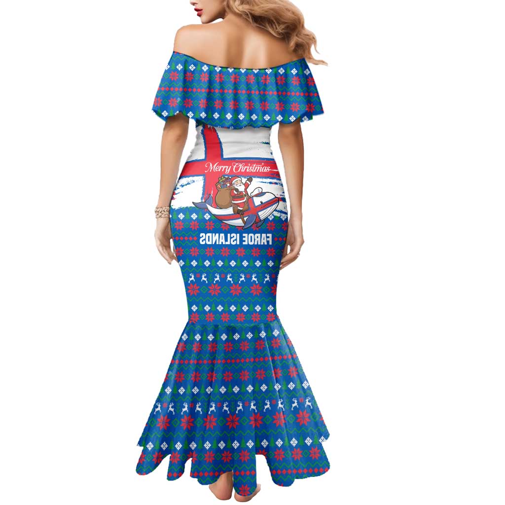 Faroe Islands Christmas Mermaid Dress with Santa Riding Whale Faroe Flag and Blue Nordic Winter Pattern Design - Wonder Print Shop