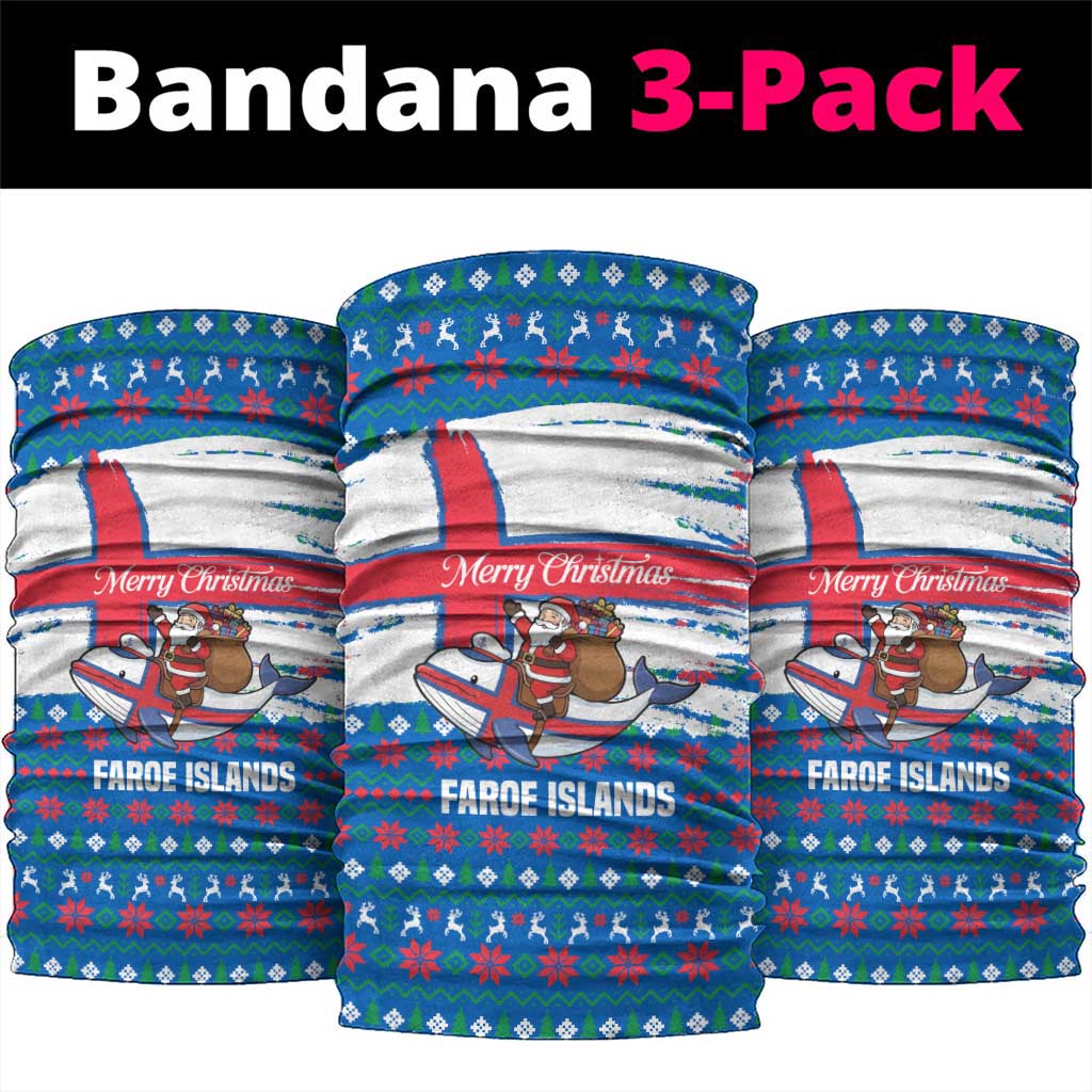 Faroe Islands Christmas Neck Gaiter with Santa Riding Whale Faroe Flag and Blue Nordic Winter Pattern Design - Wonder Print Shop