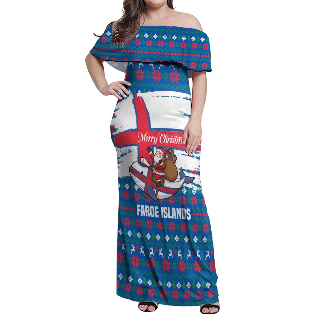 Faroe Islands Christmas Off Shoulder Maxi Dress with Santa Riding Whale Faroe Flag and Blue Nordic Winter Pattern Design - Wonder Print Shop