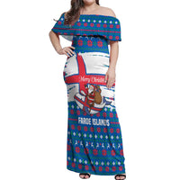 Faroe Islands Christmas Off Shoulder Maxi Dress with Santa Riding Whale Faroe Flag and Blue Nordic Winter Pattern Design - Wonder Print Shop