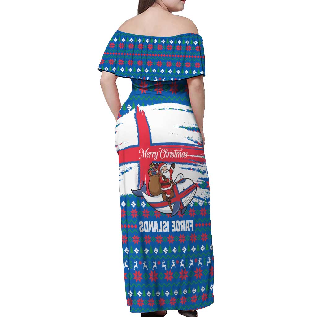 Faroe Islands Christmas Off Shoulder Maxi Dress with Santa Riding Whale Faroe Flag and Blue Nordic Winter Pattern Design - Wonder Print Shop