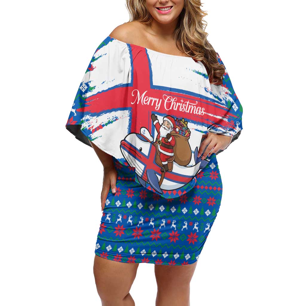 Faroe Islands Christmas Off Shoulder Short Dress with Santa Riding Whale Faroe Flag and Blue Nordic Winter Pattern Design - Wonder Print Shop