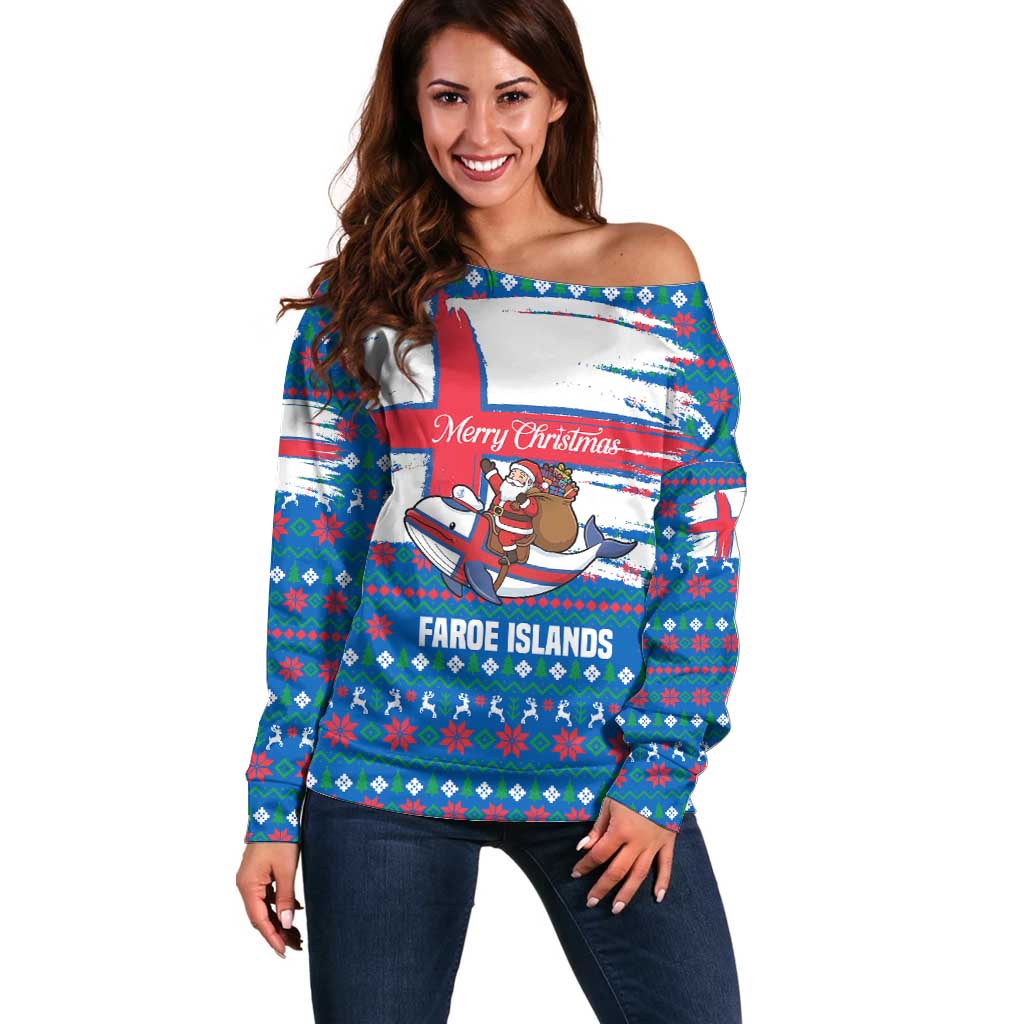 Faroe Islands Christmas Off Shoulder Sweater with Santa Riding Whale Faroe Flag and Blue Nordic Winter Pattern Design - Wonder Print Shop