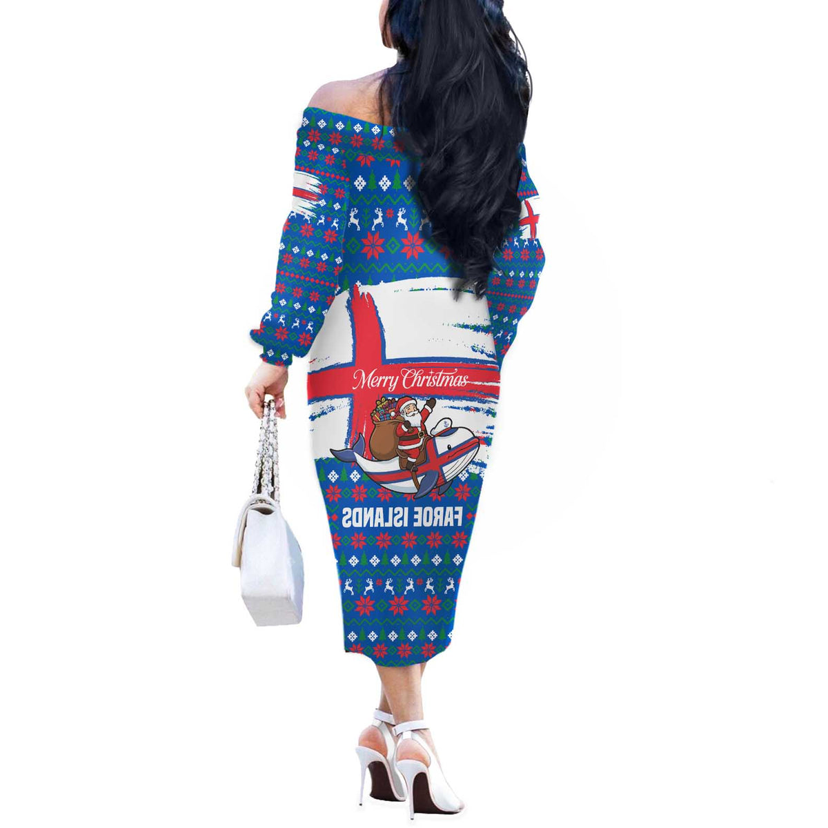 Faroe Islands Christmas Off The Shoulder Long Sleeve Dress with Santa Riding Whale Faroe Flag and Blue Nordic Winter Pattern Design - Wonder Print Shop