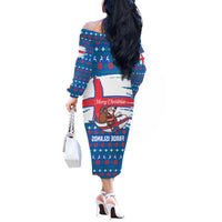 Faroe Islands Christmas Off The Shoulder Long Sleeve Dress with Santa Riding Whale Faroe Flag and Blue Nordic Winter Pattern Design - Wonder Print Shop