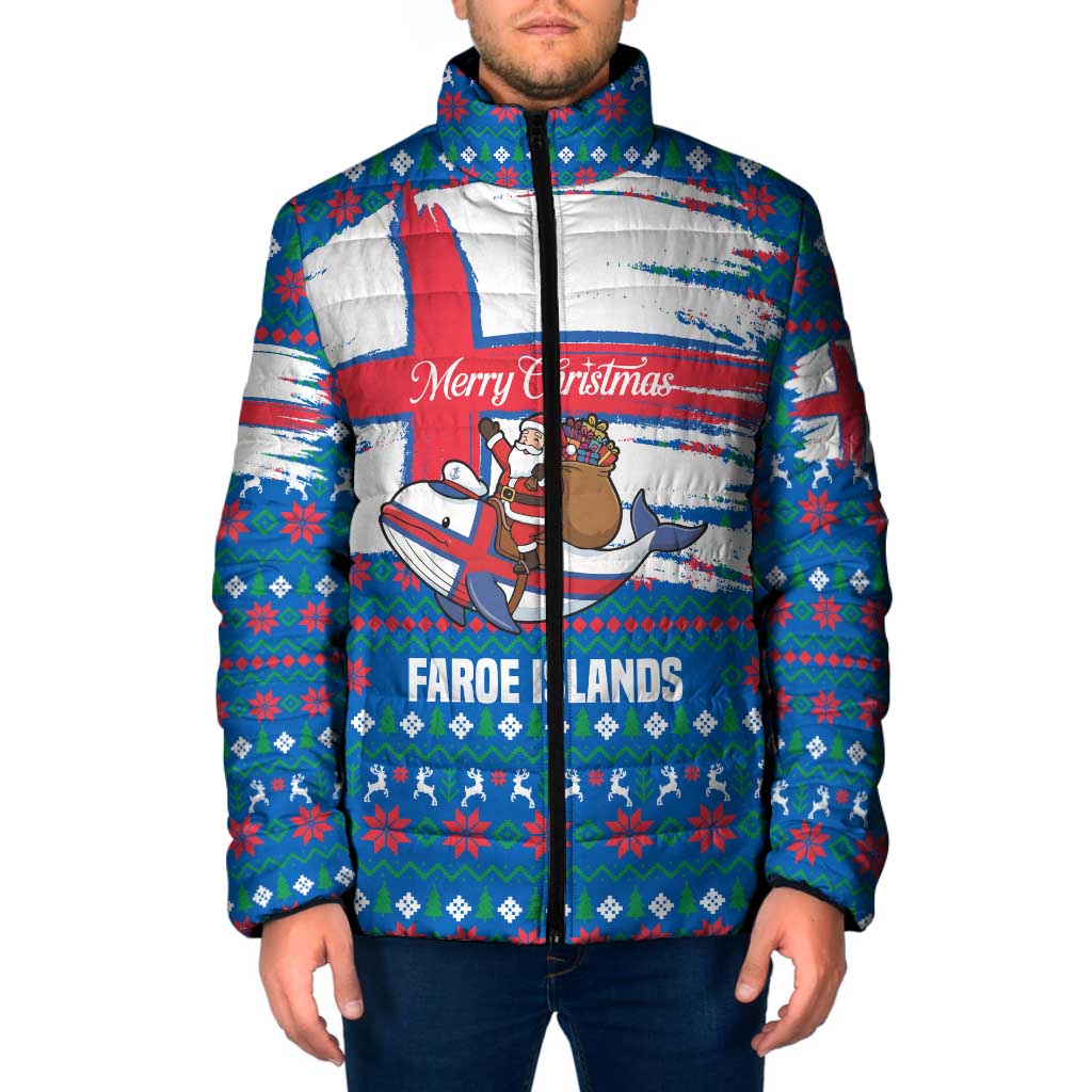 Faroe Islands Christmas Padded Jacket with Santa Riding Whale Faroe Flag and Blue Nordic Winter Pattern Design - Wonder Print Shop