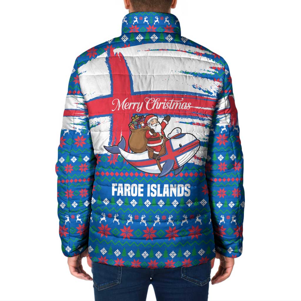 Faroe Islands Christmas Padded Jacket with Santa Riding Whale Faroe Flag and Blue Nordic Winter Pattern Design - Wonder Print Shop