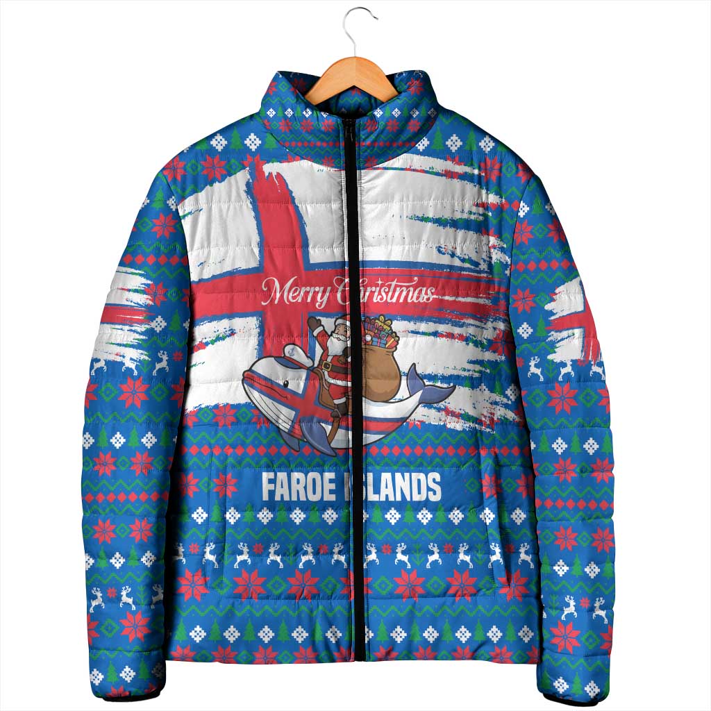 Faroe Islands Christmas Padded Jacket with Santa Riding Whale Faroe Flag and Blue Nordic Winter Pattern Design - Wonder Print Shop