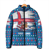 Faroe Islands Christmas Padded Jacket with Santa Riding Whale Faroe Flag and Blue Nordic Winter Pattern Design - Wonder Print Shop