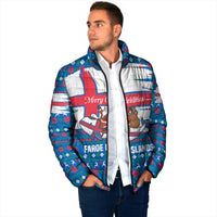 Faroe Islands Christmas Padded Jacket with Santa Riding Whale Faroe Flag and Blue Nordic Winter Pattern Design - Wonder Print Shop