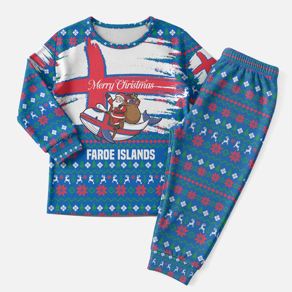 Faroe Islands Christmas Pajama Set with Santa Riding Whale Faroe Flag and Blue Nordic Winter Pattern Design - Wonder Print Shop